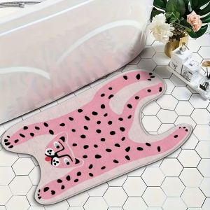 VIKAMA Cute Pink Leopard Shaped Bath Mat Soft Anti Slip Water Absorbent Unique Animal Shape Bathroom Floor Rug Home Decor