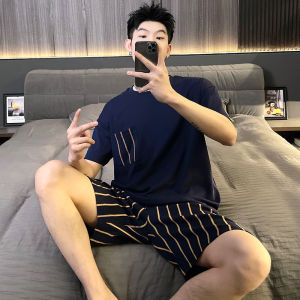 Mens Summer Cotton Pajamas Short Sleeve Thin Home Clothes Set Striped Design Youth Can Wear Outdoors Lightweight Sleepwear