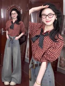 เสื้อเชิ้ตสีแดงลายสก็อตสไตล์ฝรั่งเศส เสื้อคลุมกันหนาวผู้หญิงฤดูใบไม้ผลิ แขนยาวหลวมๆ ที่สวมใส่ได้หลากหลาย คอลเลกชั่นฤดูใบไม้ผลิ 2025