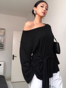 Áo Thun Dài Tay Hở Vai Dáng Rộng Thiết Kế Ngang Vai Hở Vai Dáng Rộng Thoải Mái Thời Trang Đường Phố Mùa Thu Màu Trơn