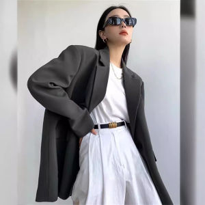 เสื้อสูทสีเทาสำหรับผู้หญิง 2024 ฤดูใบไม้ผลิและฤดูใบไม้ร่วง สไตล์ใหม่ ลำลอง แฟชั่นเกาหลี คุณภาพสูง คอวี แขนยาว ผ้าโพลีเอสเตอร์