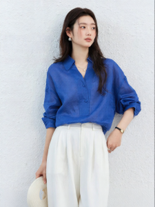 Vimly | Áo Sơ Mi Nữ Tay Ba Phân Màu Xanh Klein 100% Vải Linen