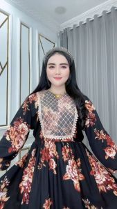 SALMILA - Pakaian Wanita Gamis Salvina Milanda Bahan Katun Rayon Resleting Depan Tali Pinggang Rempel Bawah Ld 110 Pb 138 Motif