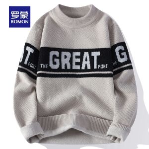 ROMON | Romon Mens Knitted Sweater Casual Loose Thick Warm Round Neck Pullover Winter Fashionable Youth Active Style Polyester Nylon