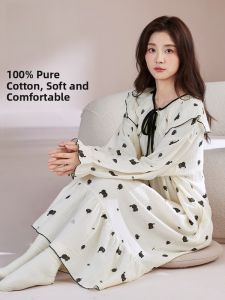miiow | Pure Cotton Long Sleeve Womens Nightgown Breathable Skin-friendly Dress Cute Style Home Clothes New 2025 Autumn V-neck Floral Print