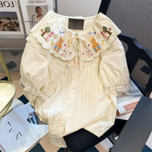 Cute Bear Embroidery Doll Collar Shirt Short Sleeve Mens Summer Design Lace Trim Male Female Fashion Casual Top