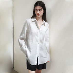 Miccbeirn | Elegant Pure Linen Long Sleeve Embroidered Blouse Shiny Sequin Casual Womens Top Lazy Slimming Leisure Shirt Polo Collar Button