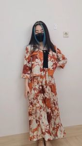 4744 tanari floral button pocket long sleeves plisket skirt one set rok