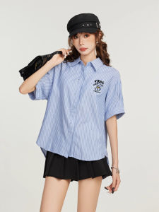 Áo Sơ Mi Nữ Tay Ngắn Mùa Hè Màu Xanh Lam Kẻ Sọc Cổ Polo Dáng Rộng Thiết Kế Áo Phông Cổ Polo Thường Ngày