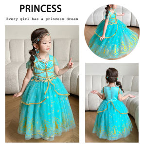 Girls Jasmine Princess Dress Aladdin Inspired Arabian Costume Turquoise Tulle Tutu Dress for Kid Halloween Cosplay Birthday Gift