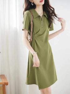 High Waist Slimming A-Line Polo Collar Dress