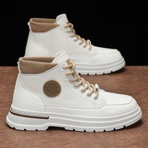 Mens High-Top Thick-Heeled Leather Shoes Fall New Style Waterproof Workwear Martin Boots Retro Board Shoes Casual Daily Wear