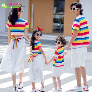 Dopamine Rainbow Stripes Summer Outfit Family Matching Clothes Travel Clothes Childrens Clothing Parent-Child Dresses