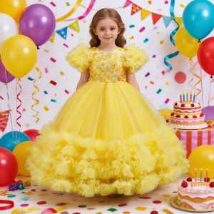 Girls Summer Yellow Sequin Wedding Dresses Wedding Dresses Tulle Carnival Outfits Girls Birthday Party Dresses Girls Ceremony Ou