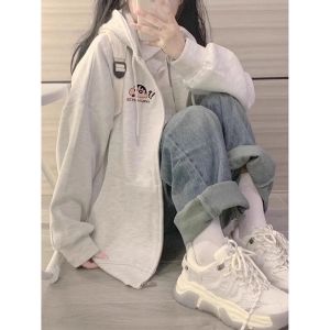 Spring and Autumn Hooded Fleece-lined Trendy Thin Cardigan Womens Loose Zip/Sweatshirt Jacket Crayon Xiaoxin Print