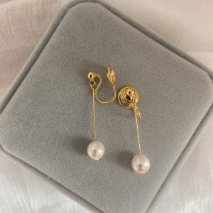 New Pearl Earrings 14K Gold Plated Long Womens Fashion Versatile No Piercing Mosquito Coil Clip-On Ear Cuffs Fresh Design