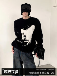 เสื้อสเวตเตอร์คอปกกลมแขนยาวทรงหลวมสำหรับผู้ชาย สไตล์ลำลอง ฤดูหนาว 2023 เสื้อสเวตเตอร์ขนสัตว์เนื้อนุ่มแบบลำลอง สีดำขาว โพลีเอสเตอร์ คอตตอน