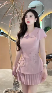 QC_ Set váy nữ công sở đi tiệc áo đính hoa cổ sen tay hến mix chân váy ngắn dập ly có lót