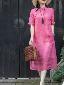 Elegant Embroidered Summer Midi Dress Womens Loose Fit Qipao Dress Chinese Style Cotton Linen Material Slimming Tailored Piece
