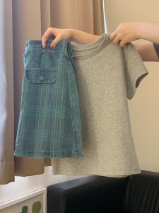 Summer 2024 Womens Retro Plaid Mini Skirt And T-Shirt Set High Waist Short Sleeve round Neck Casual Fashion plus Size Ensemble