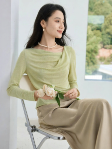 XIANGYING | Áo Thun Kẻ Dệt Kim Tay Dài Thiết Kế Bất Đối Xứng Màu Xanh Dáng Ôm