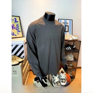 Carbon Grey Long Sleeve Mens T-shirt American Retro Cleanfit Patchwork Base Shirt Spring Autumn Wide Sweatshirt Effect
