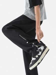 Mens Ice Silk Casual Pants Summer Thin High Street Drape Loose Straight Sporty Fashionable Trousers with Buttons