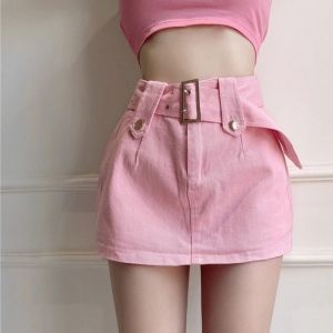Wanita Pendek Celana Jeans Pinggang Tinggi Langsing A-line Rok Desain (+Sabuk)