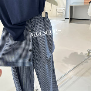 Lightweight Pure Cotton Plaid Skirt Pants Womens Loose Wide Leg Floor-Length Pants High Waist Korean Style Spring Summer