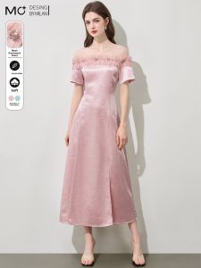 Mo | Elegant Hollow Out Acetate Dress Womens Slim Fit French Style Heavy Embroidery Flower Slit A-Line Skirt Summer New Arrival