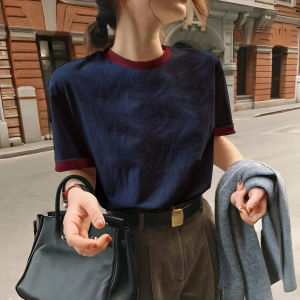 Áo Thun Cotton Mùa Hè Ôm Vừa Vặn Cổ Màu Tương Phản Cổ Tròn Tay Ngắn Thường Ngày Màu Trơn Chất Liệu Cotton Dành Cho Nữ