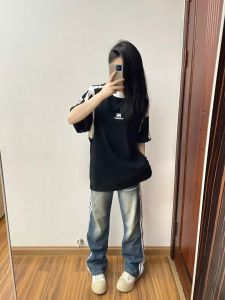 Retro American Washed หลวม ขาตรง กางเกงยีนส์ ผู้หญิง อินเทรนด์ Brand Three ลายทาง Vertical Drape Floor Length Wide Leg กางเกงยีนส์