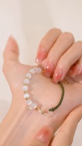 Safe buckle jade sterling silver 925 bracelet female China-Chic light luxury cats eye stone apricot leaf hand ornament lucky hand rope