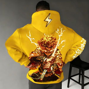 เสื้อฮู้ดอนิเมะดาบพิฆาตอสูร สีเหลือง ปี 2025 สำหรับผู้ชาย ฤดูใบไม้ร่วง/ฤดูหนาว ลายพิมพ์อากัตสึมะ เซ็นอิตสึ สไตล์ลำลอง ทรงหลวม เสื้อสเวตเตอร์สำหรับพ่อแม่ลูก