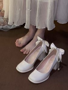 สีขาว ส้นหนารอบนิ้วเท้ารองเท้าส้นสูงสองทางสวมใส่งานแต่งงาน เดรส รองเท้าแมรี่เจนส์ ผู้หญิง รองเท้าสไตล์เทพนิยายประดับมุก