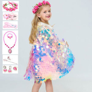 Princess Style Shiny Mermaid Scale Sequin Cape Childrens Performance Birthday Halloween Costume Girls Shoulder Wrap