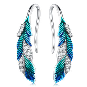 BAMOER 925 Sterling Silver Blue Feathers Earrings Pave Setting CZ for Women Birthday Gift Chic Dazzling Fine Jewelry BSE707