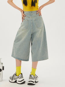 QIAOMIDUO | Summer Thin Retro Distressed Denim Wide Leg Pants High Waist Cotton Blend Lightweight Jeans Shorts For Women Spring Autumn
