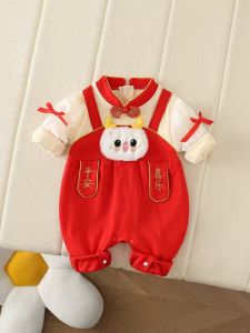 Red Festive Cartoon Baby Romper: All-in-One Cotton Suit for Hundred Days Moon Celebration