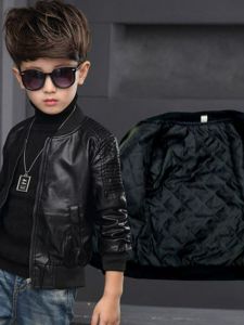 Thickened Fleece Childrens Leather Jacket Boys Spring Autumn Winter Clothes Baby Kids Biker Jacket Slimming Top Outerwear
