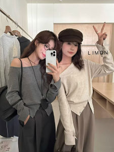 Shoulder Bared Long Sleeve Knitted Sweater Womens Autumn Winter Irregular Design Sense Inner Wear Base Shirt Shoulder Bared Top