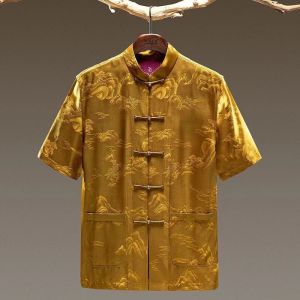 High-End Mens Short Sleeve Shirt Casual Summer Top Button up Retro Shangyun Stand Collar Zhongshan Style Male Clothing