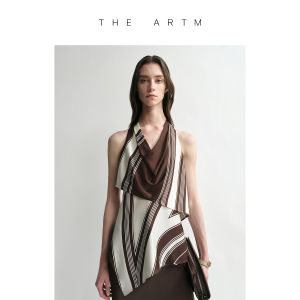 Silk Elastic Asymmetric Geometric Print Halter Tank Top