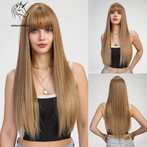 Blonde Unicorn ยาววิกผมสังเคราะห์สีน้ําตาลสําหรับผู้หญิงตรงวิกผมทุกวันปาร์ตี้คอสเพลย์วิกผมความร้อนทนผม