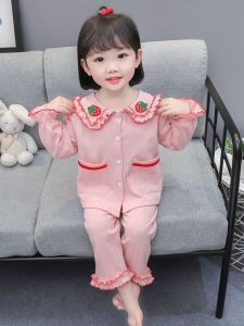 Cute Girls Long Sleeve Cardigan Cotton Pajamas Spring Autumn Winter Home Clothes Floral Trim Baby Girls Clothing Kids Size
