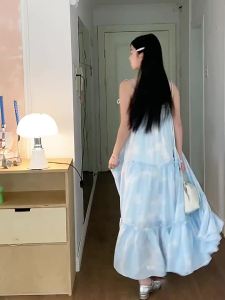 Summer French Tea Dress Blue Long Skirt