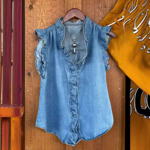 Áo Sơ Mi Denim Không Tay Rộng Rãi Viền Xếp Ly Phong Cách Đường Phố Mùa Hè Áo Sơ Mi Nữ Chất Liệu Khác Cài Nút