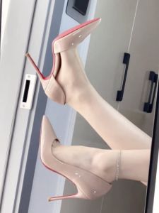 Nude High Heels Womens Side Empty Red Bottom Spring Autumn New Velvet Glossy Leather Comfortable Not Tired Foot Single Shoes