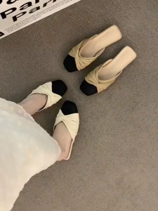 Women Elegant Plain Knot Semi Cap Toe Slippers Contrast Color Stitching Commuting Flat Sandals