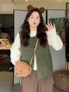 Slimming Knitted Sweater Vest Womens Outerwear plus Size Versatile Retro Style Spring Autumn Solid Color Commute Friendly